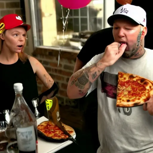 Prompt: fred durst puking on a pizza at a birthday party, woman looking disgusted in the background, 4 k,