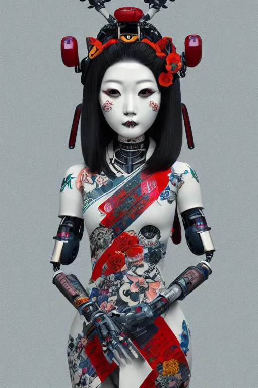 Image similar to full body portrait of a Japanese robot geisha with kanji tattoos and decals, intricate, octane render, ultra fine detailed, character design, trending on artstation