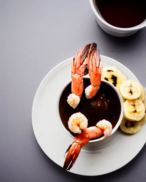 Prompt: dslr food photograph of a cup of ice cream with shrimps on top. chocolate sauce, shrimp, banana slices. 8 5 mm f 1. 4