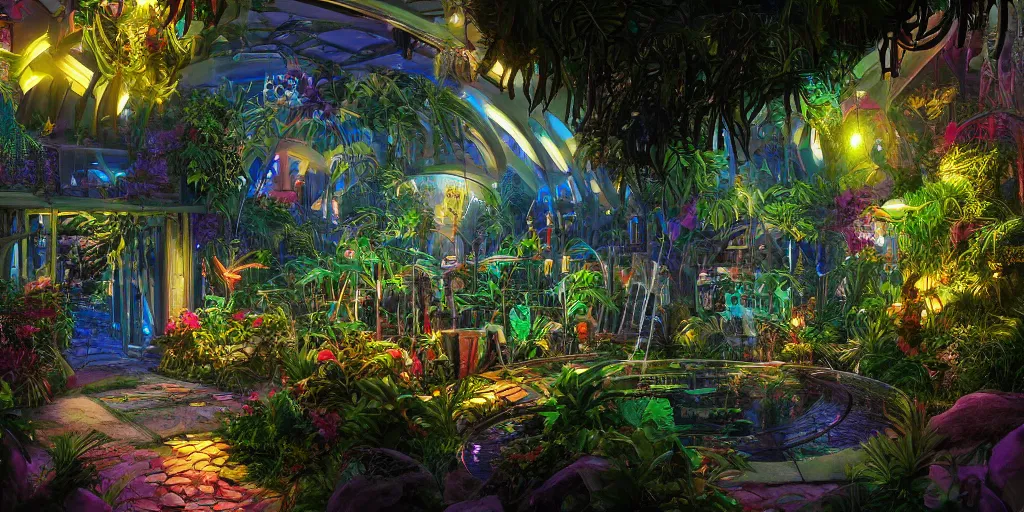 Image similar to tropical greenhouse garden, neon lights, mythology, fairy tale, urban landscape, evening, highly detailed, low angle view, artstation, in the style of aetherpunk