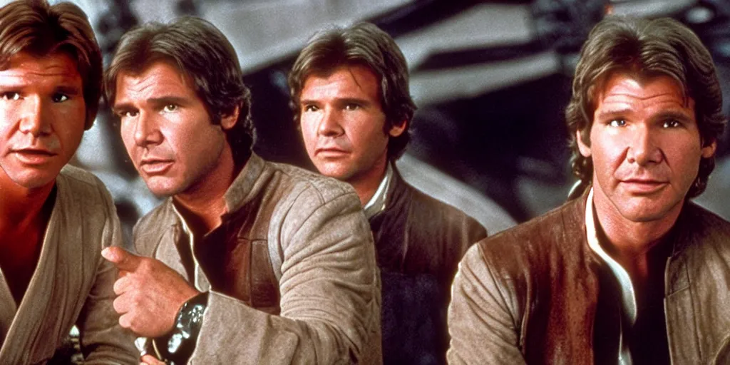 Image similar to A full color still of Harrison Ford as Han Solo talking to Mark Hamill as Jedi Master Luke Skywalker in a Star Wars Sequel, 1990, Directed by Steven Spielberg, 35mm