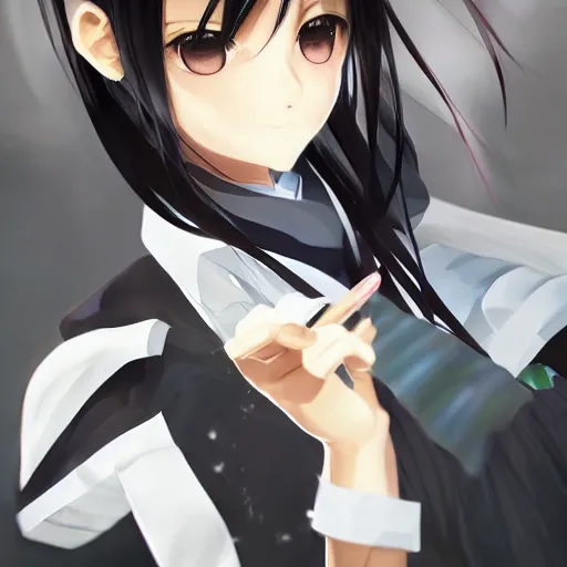 Image similar to luxury advertisement, astonishing portrait of a very beautiful anime schoolgirl with black bob hair in style of cytus and deemo, full perfect face, she is dancing, set in Half-life. Realistic, highly detailed background, artstation, 120 degree view, drawn by Sasoura, Satchely and Akihiko Yoshida, no distortion