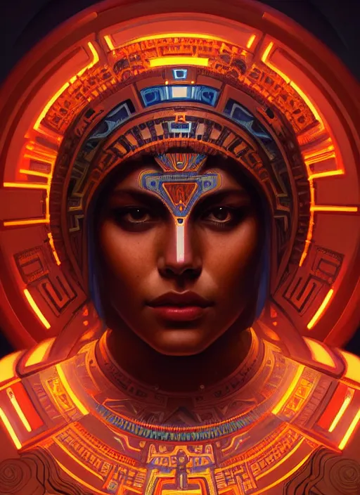 Prompt: symmetry!! portrait of aztec warrior, tech wear, glowing lights!! intricate, elegant, highly detailed, digital painting, artstation, concept art, smooth, sharp focus, illustration, art by artgerm and greg rutkowski and alphonse mucha