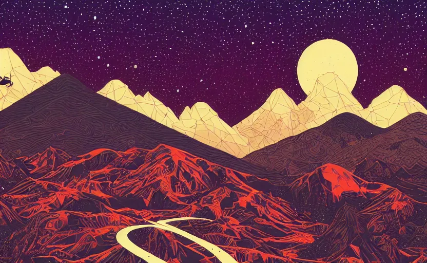 Prompt: mountains, stars and paisley filled sky, artstation, intricate, highly detailed, digital painting, concept art, sharp focus, illustration by tom whalen and kilian eng and james jean
