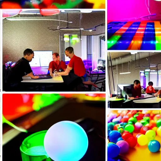 Image similar to experimental photo at the goulash programming night 3 2, hacker event, rainbow led lights, plastic ball pool, 3 d printers, laptops