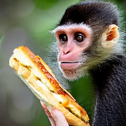 Prompt: spider monkey eating a sandwich