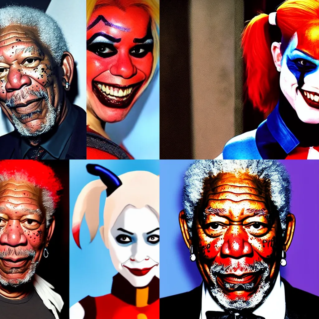 Prompt: Morgan Freeman as Harley Quinn