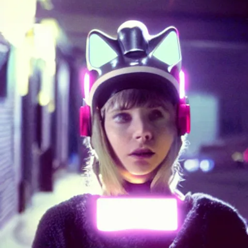 Image similar to movie still of a girl with a cyborg cat helmet, cinematic composition, cinematic light, by edgar wright and david lynch