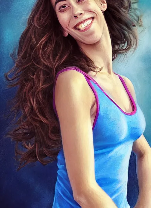 Prompt: full length photo of an smiling Oona Chaplin in a tanktop in the style of stefan kostic, not realistic, sharp focus, 8k high definition, insanely detailed, intricate, elegant, art by stanley lau and artgerm