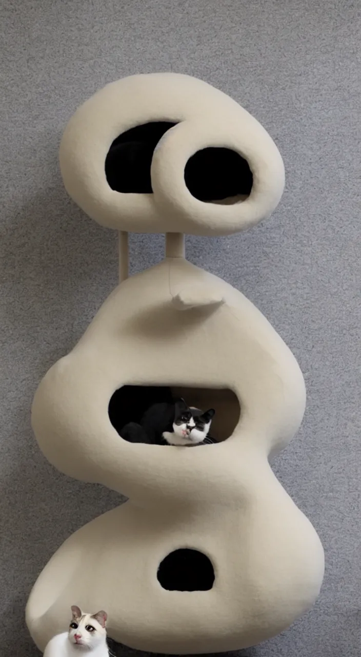 Prompt: a cat tower in the shape of a womb in the style of Le corbusier ,cloud couch,