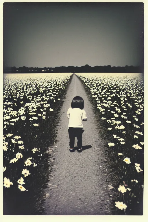 Image similar to photo polaroid of sad and lonely child in the middle of a country road with many flowers in the fields, loneliness, black and white ,photorealistic, 35mm film,