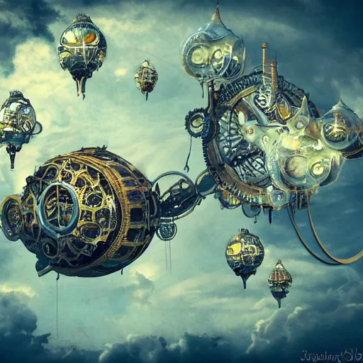 Image similar to flying city in a mechanical flower, sky, fantasy art, steampunk, masterpiece, behrens style