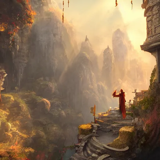 Image similar to mage monk in lost temple, unreal engine, digital, artstation, detailed illustration, heavenly atmosphere, digital art, overdetailed art, concept art, complementing colors, trending on artstation, cgstudio, the most beautiful image ever created, dramatic, subtle, details, award winning artwork, beautiful scenery