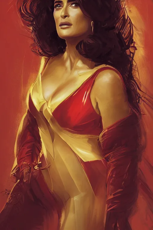 Image similar to portrait, Salma Hayek , Fantasy Queen , wearing a red and gold dress , face portrait, raphael lacoste, eddie mendoza, alex ross, concept art, matte painting, highly detailed, rule of thirds, dynamic lighting, cinematic, detailed, denoised, centred