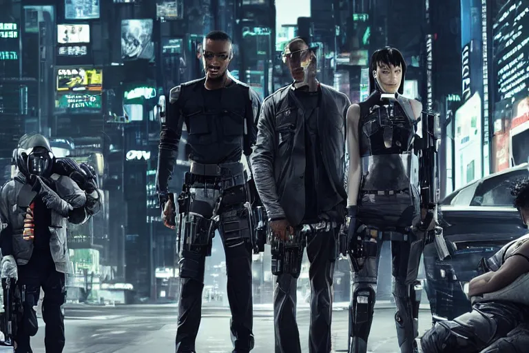 Image similar to movie diverse interracial team of Japanese sci-fi futuristic robbers armed with rifles interior clean futuristic tactical van, cyberpunk city, beautiful skin, Symmetrical faces. natural lighting by Emmanuel Lubezki