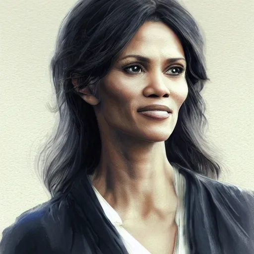 Image similar to maci holloway in a political meeting, first woman elected as president in usa, cold but beautiful, about 3 5 years old, highly detailed, mix of halle berry and julia roberts, gong li, olga kurylenko, artstation hd, deviantart, by artgem, greg rutkowski