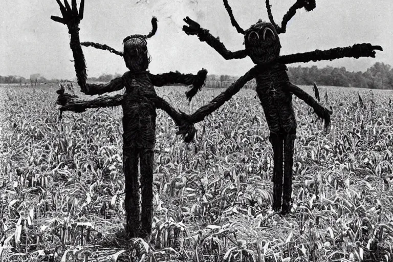 Image similar to horrifying 4 - armed scarecrow from the early 1 9 0 0's burning down the cornfields the cornfields