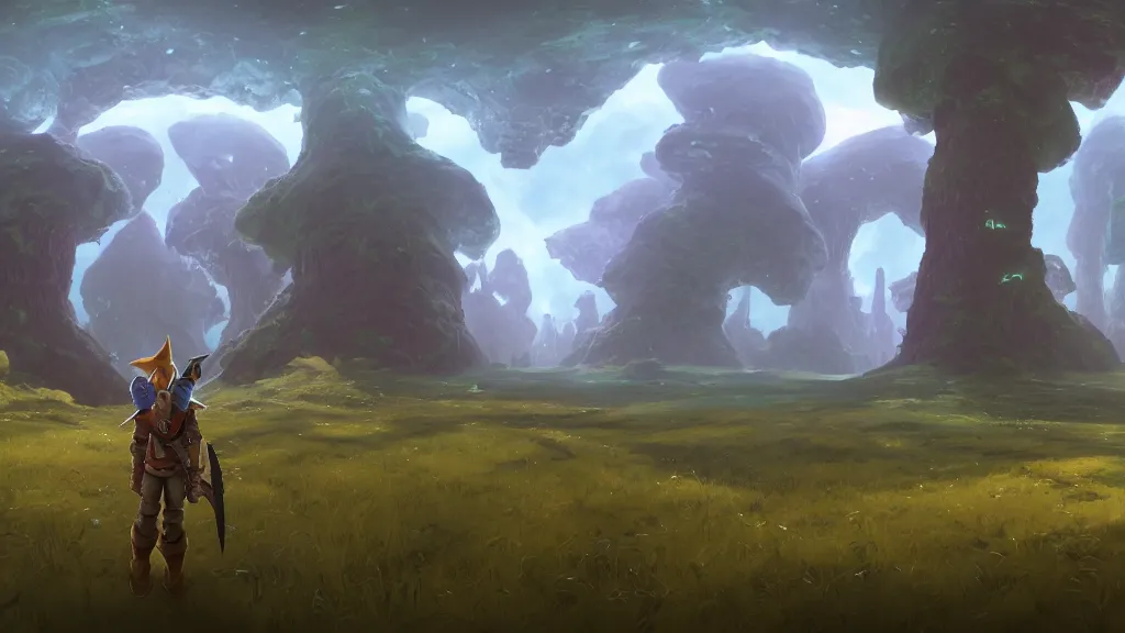Image similar to first person perspective digital illustration of Feron Woods in in Hyrule reimagined by industrial light and magic:1|wide angle panoramic by beeple and Roger Dean, viewed from eye level:0.9|fantasy, cinematic:0.9|Unreal Engine, Octane, finalRender, devfiantArt, artstation, artstation HQ, behance, HD, 16k resolution:0.8