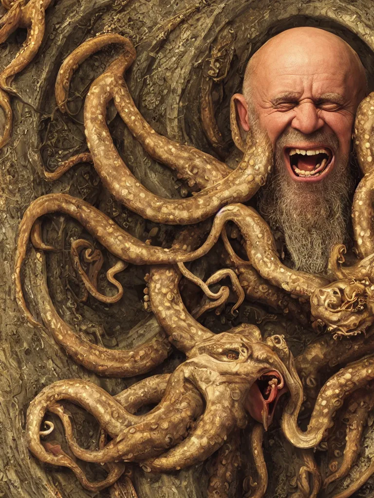 Prompt: a widescreen colorchrome closeup detailed portrait photo of a medieval old happy screaming priest, holding a detailed detailed detailed giant giant octopus, style steve mccurry octane render 8 k