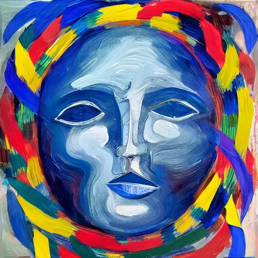 Prompt: abstract expressionist oil painting of a face surrounded by abstract ribbons, blue color palette