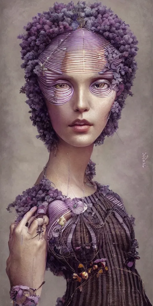 Image similar to a beautiful hyperrealistic solarpunk portrait pose of a stunning Art Deco model in a striped mauve-and-soot dress, intricate, elegant, highly detailed, smooth, sharp focus, award-winning, masterpiece, in the style of Tom Bagshaw, Cedric Peyravernay, Peter Mohrbacher