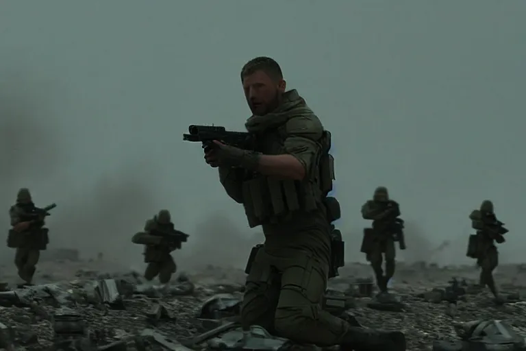 Image similar to vfx film closeup, blade runner 2 0 4 9 futuristic soldiers shoot at enemy robots futuristic war, battlefield, war zone, shootout, dilapidated city ruins, running, shooting, explosion, battlefront, leaping, flat color profile low - key lighting award winning photography arri alexa cinematography, big crowd, hyper real photorealistic cinematic beautiful, atmospheric cool colorgrade