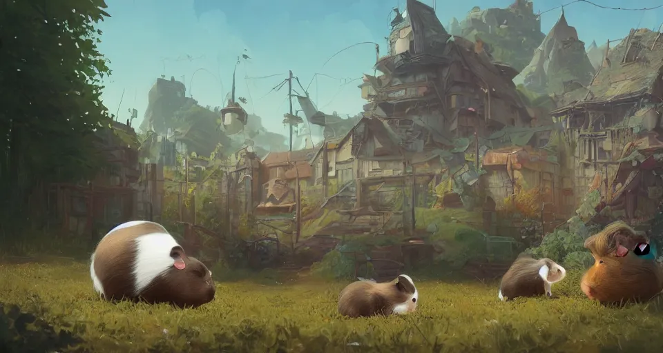 Image similar to hyper realistic cute guineapigs everywhere, by simon stalenhag, frank frazetta, greg rutkowski, beeple, yoko taro, christian macnevin, wlop and krenz cushart, epic fantasy character art, volumetric outdoor lighting, midday, high fantasy, cgsociety, cheerful colours, full length, exquisite detail, post - processing, masterpiece, cinematic