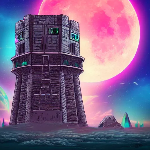 Image similar to ancient tower in the moon, retrowave epic art, trending on art station