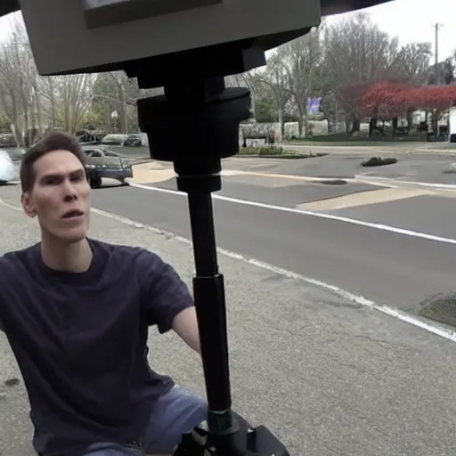 Prompt: Threatening images of Jerma on wide angle security camera