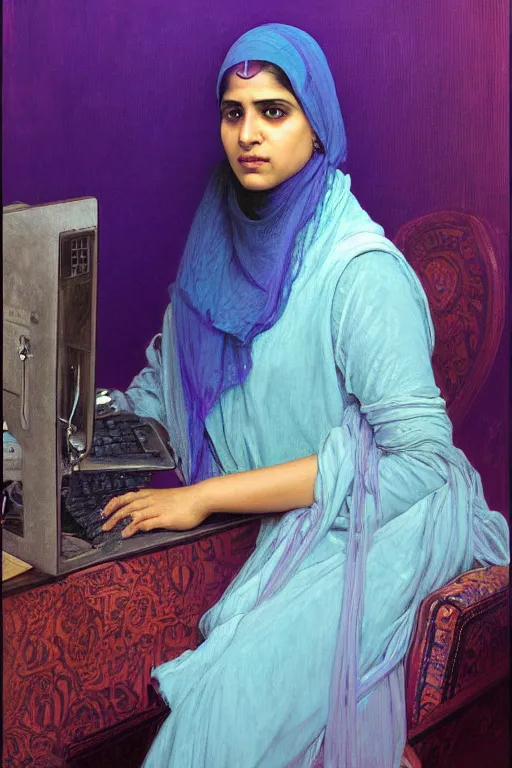 Image similar to hyperrealist portrait of a young hyderabadi muslim american woman wearing a purple niqab, it is decorated with long wires and computer monitors are all over their body within the cyberpunk office background. by jeremy mann and alphonse mucha, fantasy art, photo realistic, dynamic lighting, artstation, poster, volumetric lighting, very detailed faces, 8 k, award winning