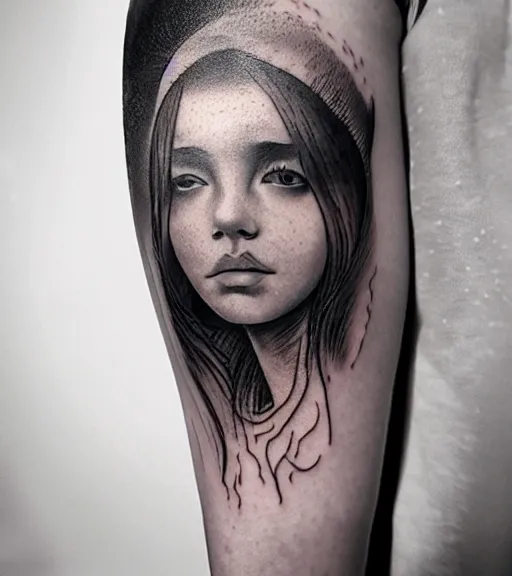 Prompt: a beautiful girl faded in a mountain scenery, realism tattoo, in the style of den yakovlev, black and white, hyper realistic, highly detailed