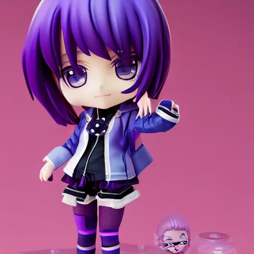 Image similar to portrait of a anime and chibi very cute doll with purple jacket design by xkung work, nendoroid, kawaii, cyberpunk fashion, character modeling, maximalist sculpted design, toy design, substance 3 d painter, vray, soft vinyl, trending in artstation
