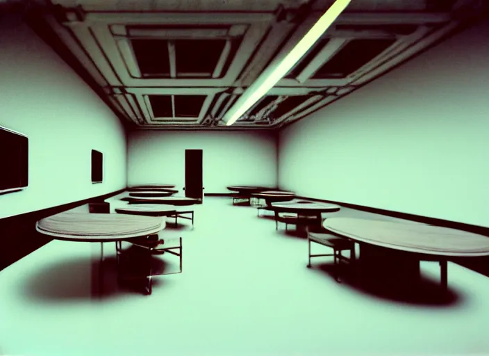 Image similar to polaroid photograph of a large white empty breakroom, retrofuturist liminal space, hundreds of old faux wood tables, crt tv mounted, trypophobia architecture, familiar place, clean, black mold, warm light, amateur, soft vintage glow, unreal engine, photorealistic, trending on artstation