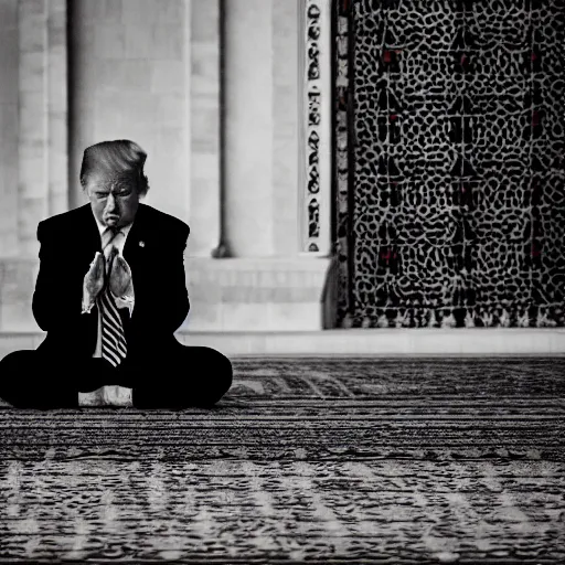 Image similar to Trump praying in mosque, award winning cinematic photography, 50 mm, blurred background, perfect faces