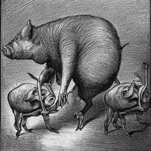 Image similar to Squealer the pig walking on his hind legs, creepy atmosphere, close-up, illustration by Gustave Doré, Animal Farm by George Orwell