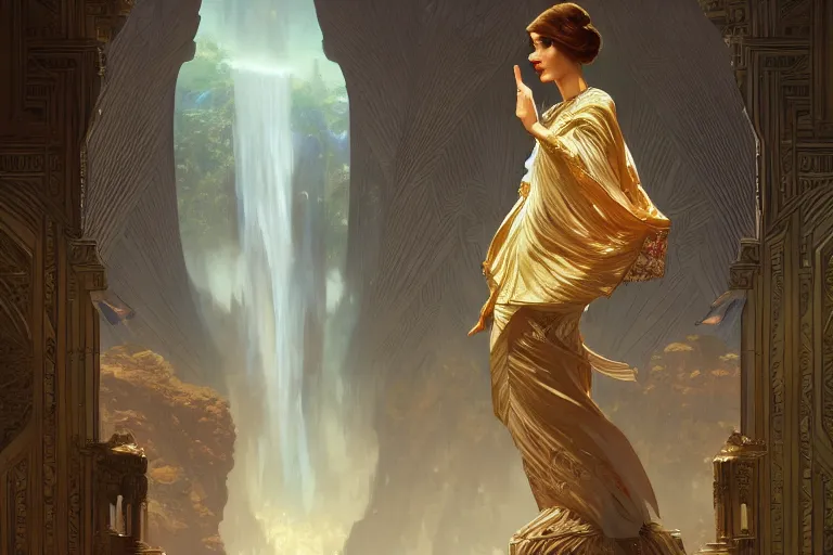 Image similar to backdrop of a high tech religious room with distant waterfalls and art deco statues, intricate digital painting artstation concept art smooth sharp focus illustration, art by artgerm and paul chadeisson and greg rutkowski and alphonse mucha