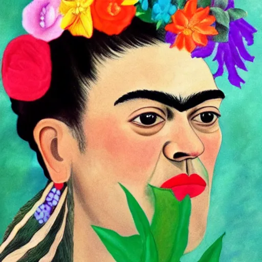 Prompt: a portrait of frida kahlo, with colorful flowers in her hair