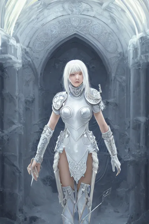 Prompt: portrait white hair knights of zodiac girl, matt white ice color armor, in ruined agora of athens, ssci - fi and fantasy, intricate and very very beautiful and elegant, highly detailed, digital painting, artstation, concept art, frostbite engine, smooth and sharp focus, illustration, art by tian zi and wlop and alphonse mucha