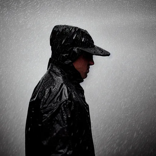 Prompt: a man in a black raincoat looking longingly outside at a torrential downpour of rain, moody lighting