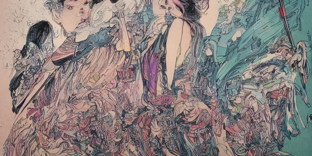 Image similar to a close - up grainy, risograph drawing, hyper light drigter, neon colors, a big porcelain glossy geisha head, with long hair, floating above the sharp peaks weapons, style by moebius and kim jung gi