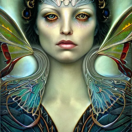 Image similar to beautiful closeup portrait of an art deco faerie queen, glowing eyes. reflective detailed textures, moth wings, highly detailed dark fantasy science fiction painting by tom bagshaw and michael whelan and diego rivera and annie swynnerton and jean delville and moebius and adolf wolfli, elaborate geometric ornament, ancient runes, silver and cool colors. artstation