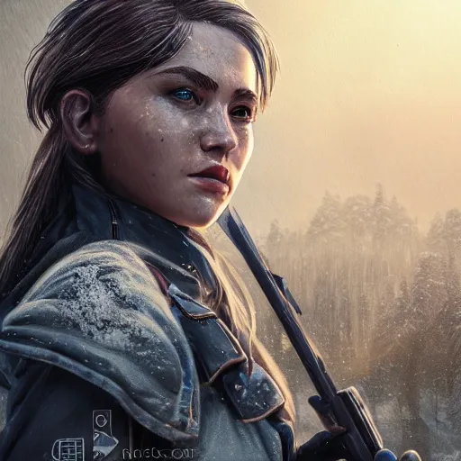 Image similar to A comic book style portrait painting of a stunning young woman ranger in a post apocalyptic winter landscape, unreal 5, DAZ, hyperrealistic, octane render, RPG portrait, ambient light, dynamic lighting