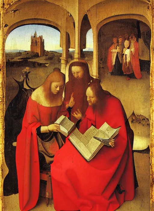 Image similar to fallen angels dressed in red reading the bible and arguing in Tuscany by Jan van Eyck, Hieronymus Bosch, Johannes Vermeer 4k post-processing, highly detailed medieval painting