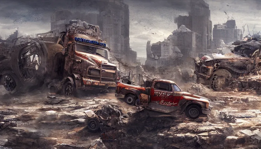 Prompt: Truck race in a ruined city, hyperdetailed, artstation, cgsociety, 8k