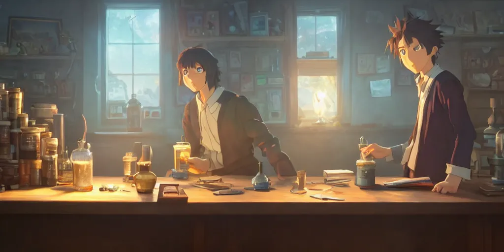 Image similar to a wizard with brown hair is standing at his desk working with jars of liquids, beakers of bubbling potions, coherent, medium shot, waist up, studio ghibli, pixar and disney animation, sharp, rendered in unreal engine 5, anime key art by greg rutkowski, bloom, dramatic lighting