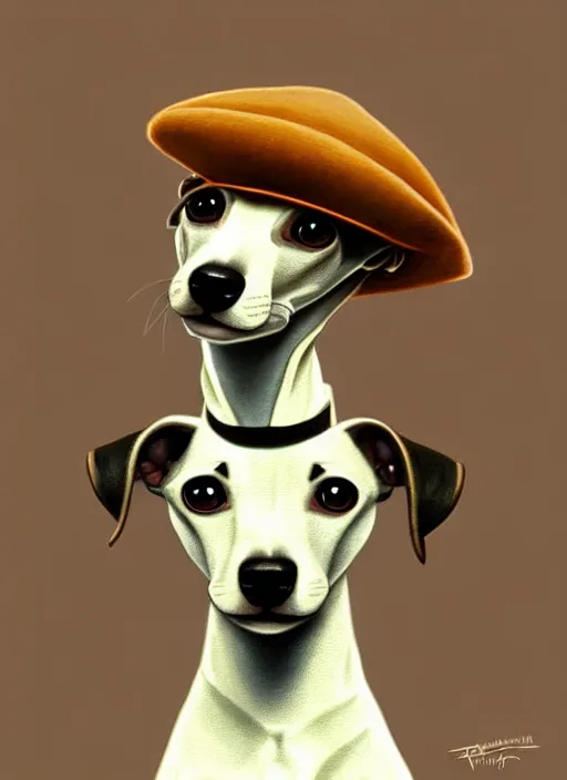 Image similar to cute whippet puppy wearing a trilby hat, natural lighting, path traced, highly detailed, high quality, digital painting, by don bluth and ross tran and studio ghibli and alphonse mucha, artgerm