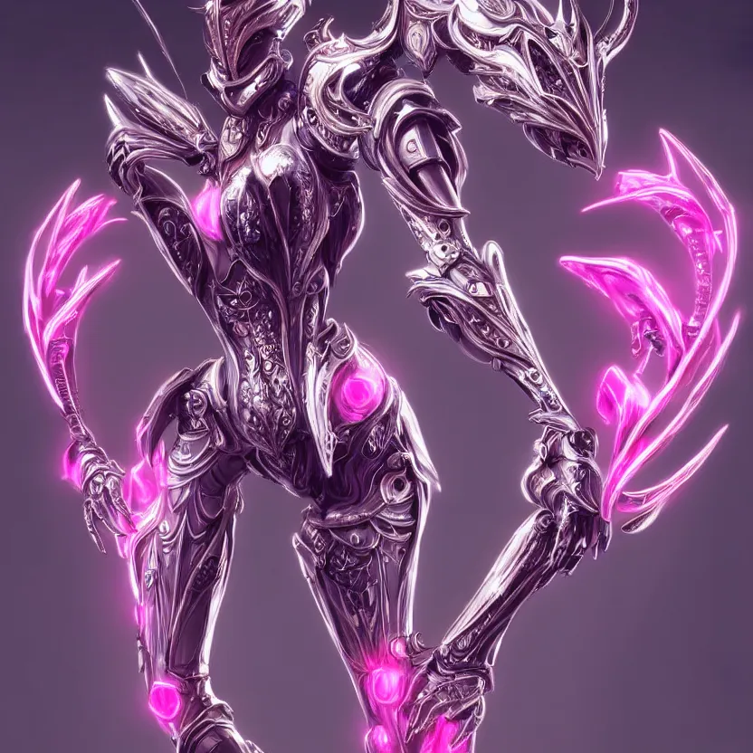 Image similar to highly detailed exquisite fanart, of a beautiful female warframe, but as an anthropomorphic elegant robot dragon, shiny white silver plated armor engraved, robot dragon head, Fuchsia skin beneath the armor, sharp claws, long tail, robot dragon hands and feet, two arms and legs, elegant pose, close-up shot, full body shot, epic cinematic shot, professional digital art, high end digital art, singular, realistic, DeviantArt, artstation, Furaffinity, 8k HD render, epic lighting, depth of field