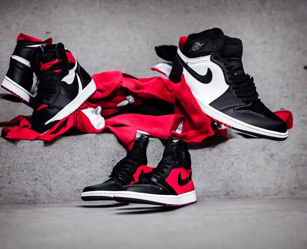 Image similar to a proffesional press photograph of nike jordan 1 black red and white