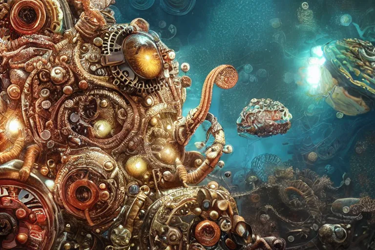 Image similar to beautiful painting close up of a huge caretta wearing a steampunk armour of jewels incrusted with clocks in vast ocean coral reef, water bubbles, intricate details, jewel fishes, two magnificent jelly fish, realistic shaded , steampunk, highly detailed, artstation, illustration Greg Rutkowski , octane render, 4k, dynamic light, volumetric light, neon lights, cinematic mood