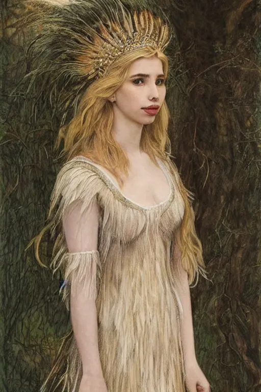 Image similar to blonde emma roberts as a queen of feathers, goddess of the wild, silk dress by rosetti and alan lee